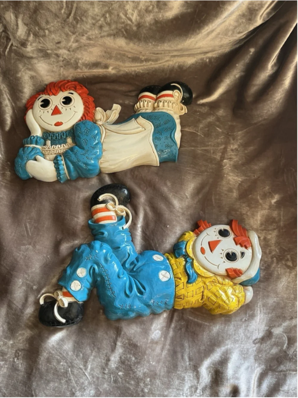 Raggedy Ann Andy VTG Nursery Wall Plaque Hanging Decor Bobbs-Merrill 1977 Set 2